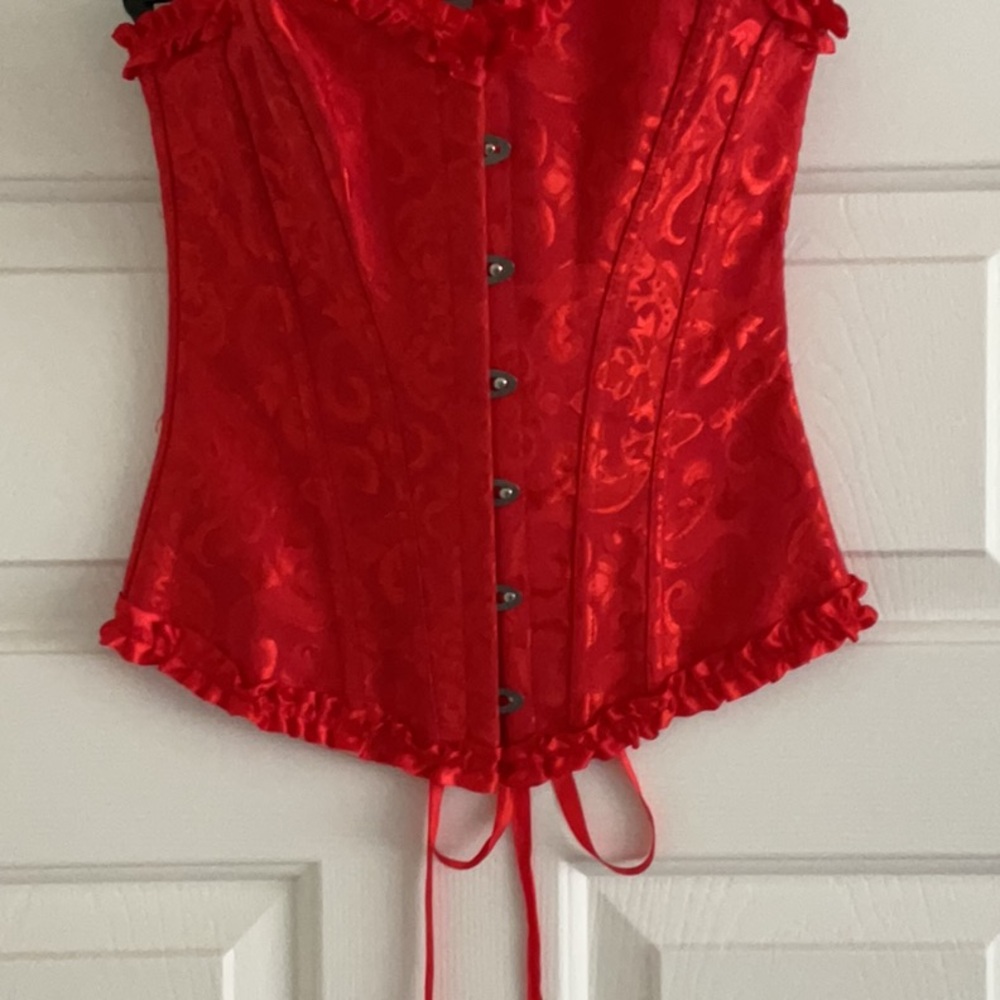 Red Satin brocade CORSET, Lisa is down the back size small. Perfect condition. - Picture 3 of 7